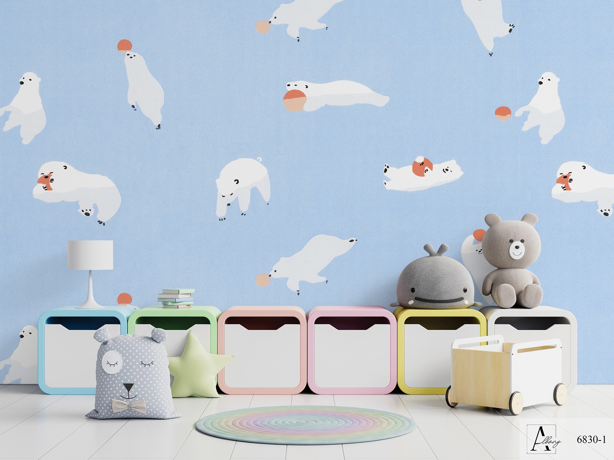 Giấy dán tường phòng trẻ em hình gấu trắng Albany 6830-1 